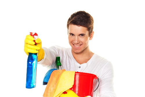Cleaner sanitising bathroom during house cleaning in SW9